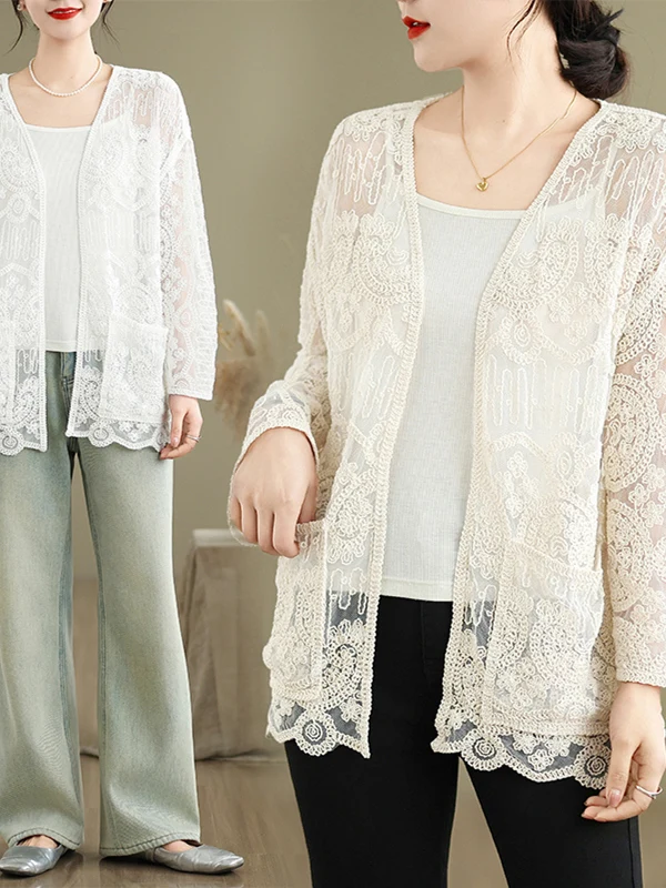 

High-End Women's Lace Hollow out Hook Design Long Sve Loose Sun Protection Cardigan irt Sle V-Ne Thin Summer Faion