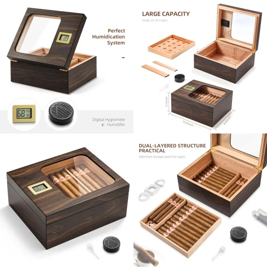 

Cigar Humidor, Modern Glass Top Cedar Humidor Cigar Box with Digital Hygrometer, Humidifier, Handcrafted Cedar Wood Tray and Di