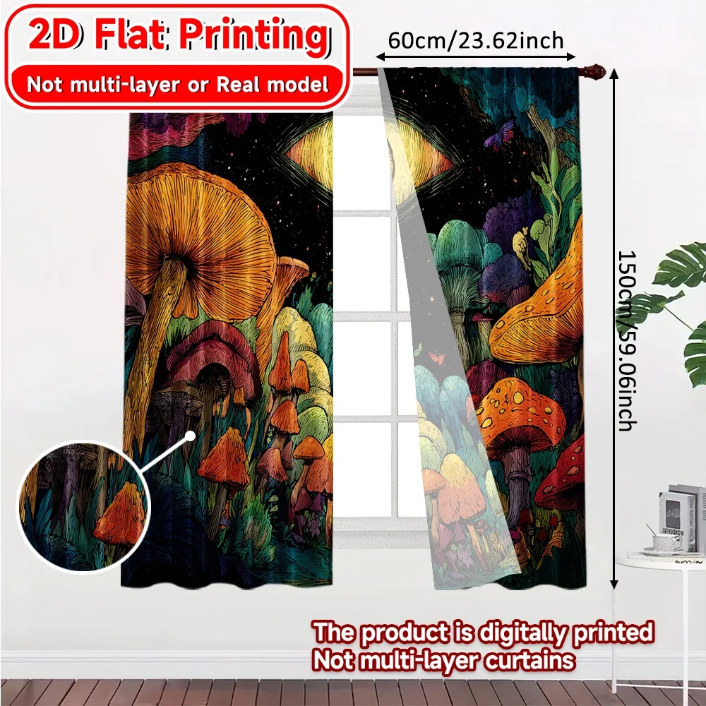 2D FLAT PRINTING 2pcs Curtains (Without Rod) Mushroom Wonderland with Eye New yearFestival Creative Curtains Fabric Curtains