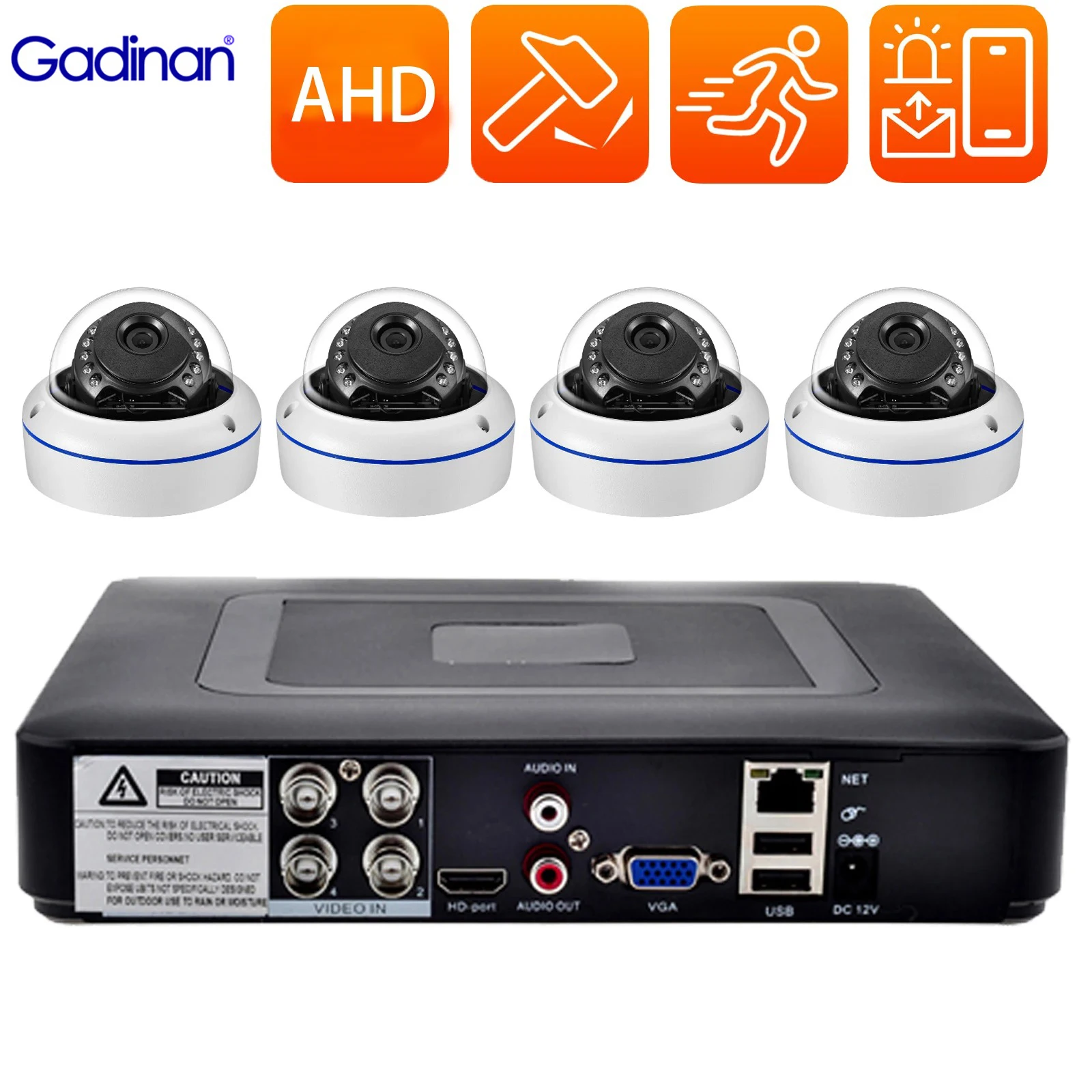 

Gadinan 5 in 1 Video Recorder 4CH CCTV System 5MP 1080P AHD Camera Surveillance Kit Outdoor Dome Security Camera Set Email Alarm