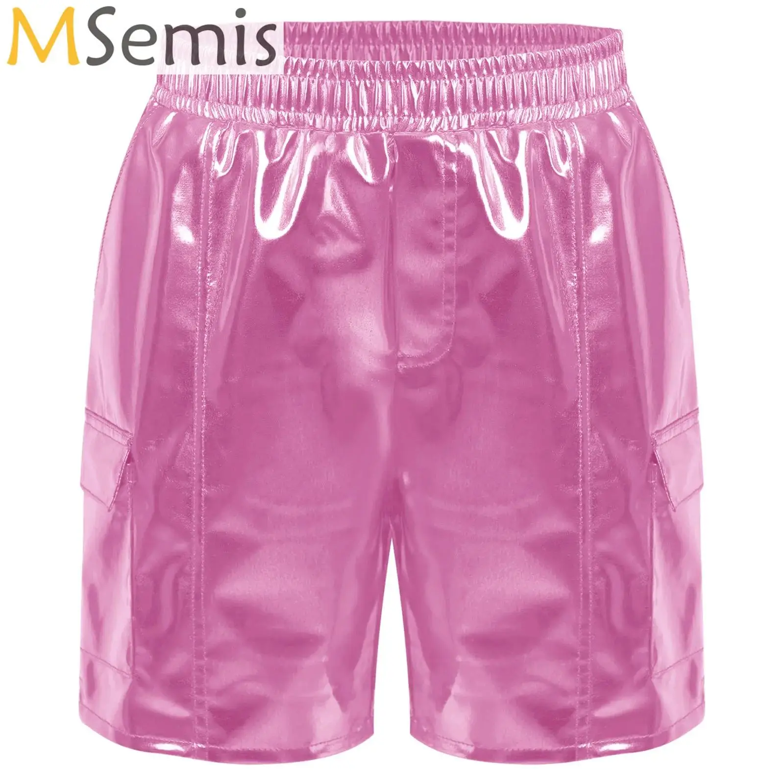 

Boys Girls Jazz Hip Hop Dance Bottoms Metallic Cargo Shorts Elastic Waistband Loose Short Pants Dancewear Children Party Costume