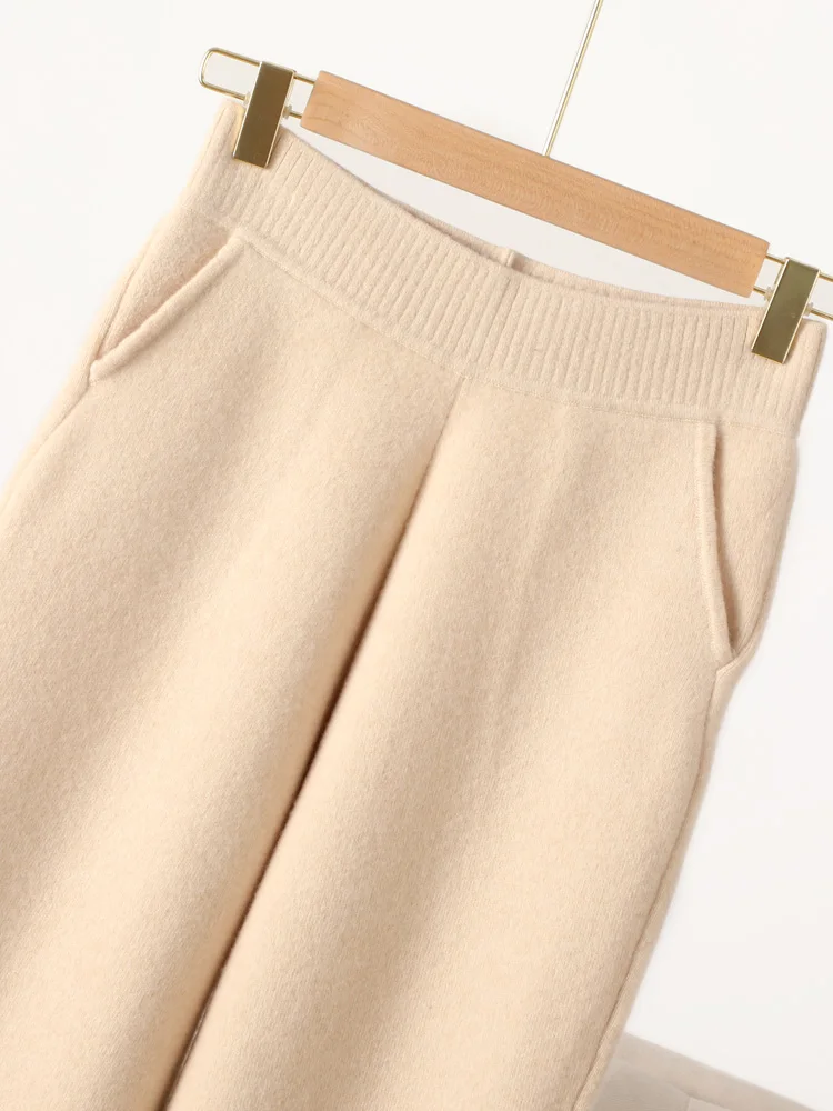 Autumn Winter Women's Pencil Pants 100% Merino Wool Pants Knit Wide Leg Basic Thick Warm Cashmere Trousers Elastic Casual Pants
