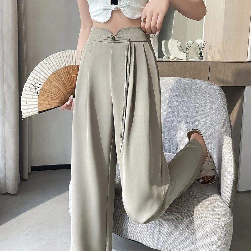 

2024 Chinese style high waisted wide leg pants spring and summer new draped straight leg wide leg buckle thin suit pants women