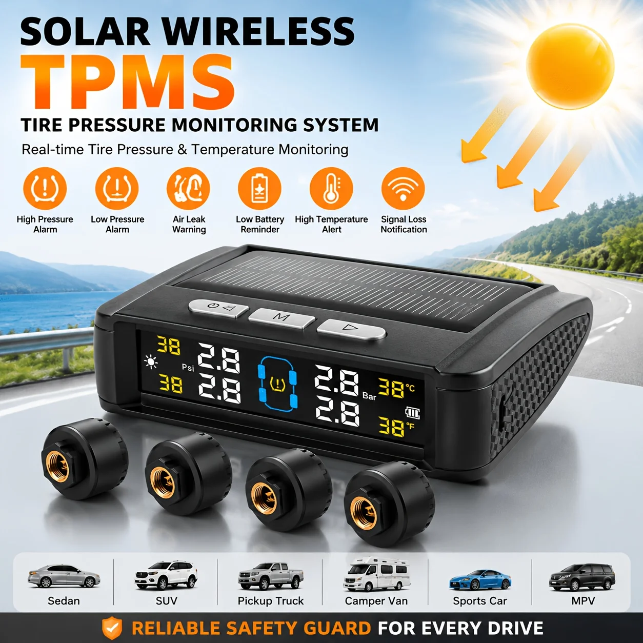 Wireless Tire Pressure Monitoring System with 4 Sensors USB Charging Solar Powered TPMS for Cars SUVs MPVs Pickups ORVs