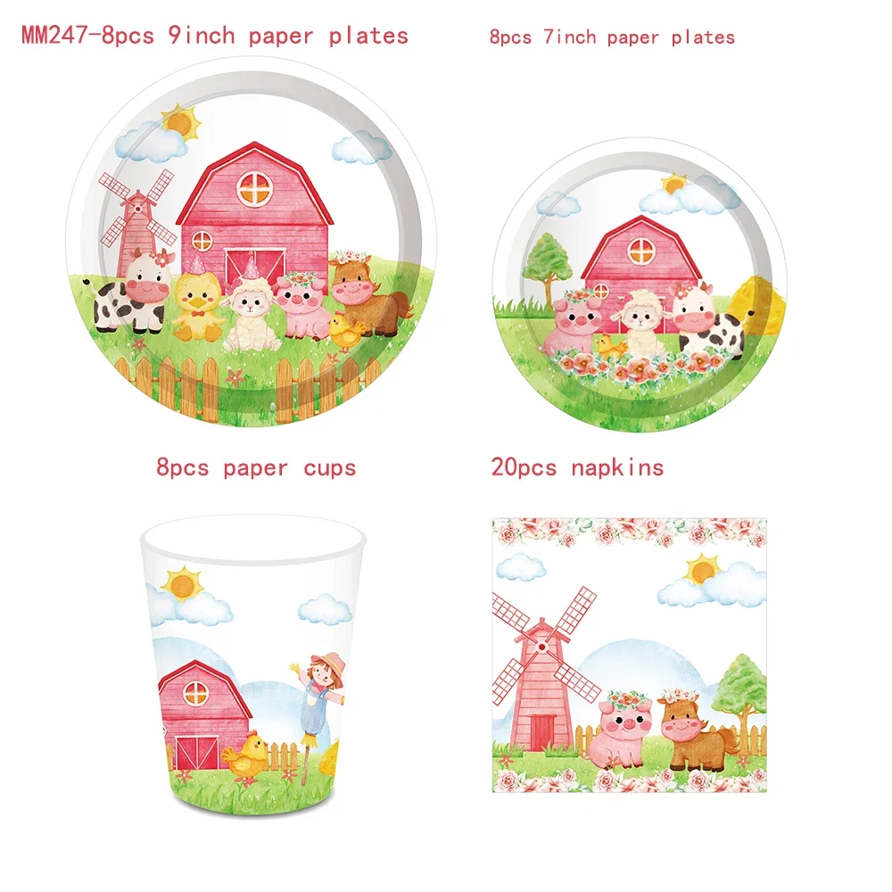 Pink Cartoon Farm Animals Birthday Party Disposable Tableware Sets Dinnerware Cups Plates Napkins Baby Shower Party Supplies