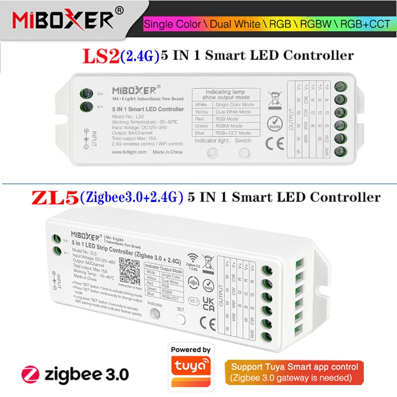 

Miboxer 5 in 1 LED Controller LS2 2.4GHz RF controller /ZL5 (Zigbee3.0+2.4G) 5 in 1 LED Strip Light Controller