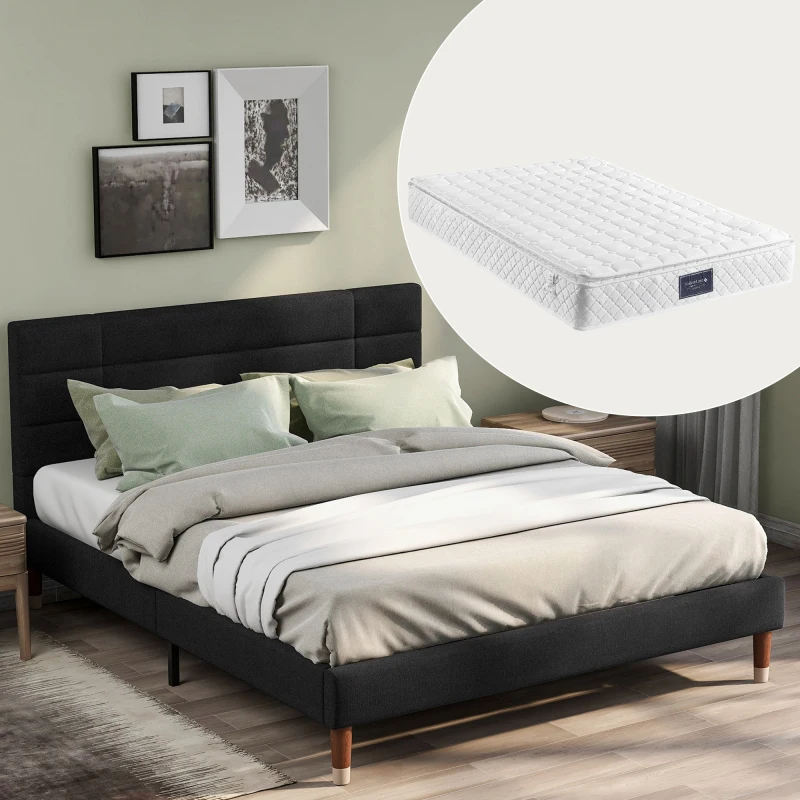 Lit Double Rembourré en Tissu Lin Noir 141 x 209 x 101 cm avec Tête de Lit et Sommier à Lattes, Structure Robuste Charge 200 kg, Matelas 7 Zones à Ressorts Ensachés, Bonne Aération Idéal pour Chambre