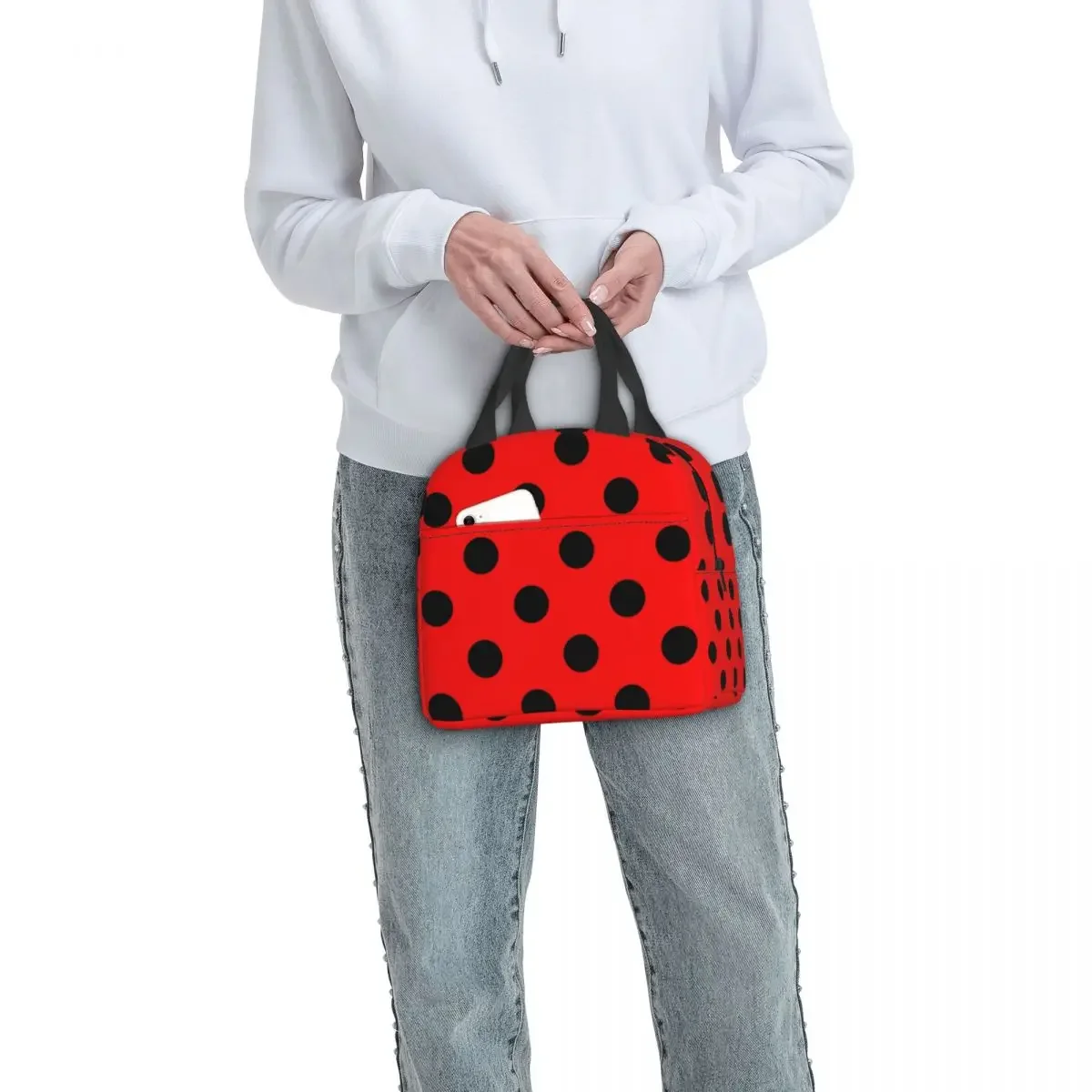 Red And Black Polka Dots Thermal Insulated Lunch Bag Ladybugs Pattern Portable Lunch Tote for Kids School Multifunction Food Box