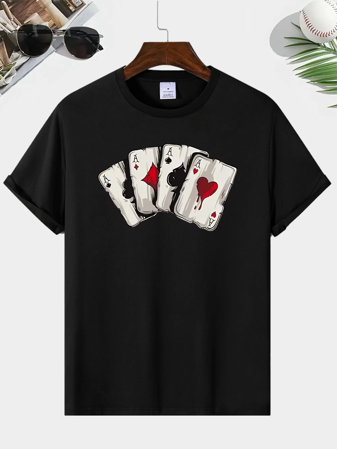 100% polyester fiber personality poker printed short-sleeved twill fabric casual fashion t-shirt