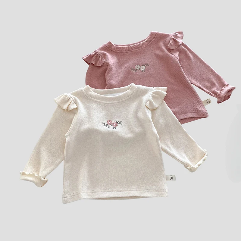 

2025 Autumn Toddler Girls Tops 0 - 5Y Korean Style Embroidered Ruffle Long Sleeve T-Shirt Viscose Baby Cute Base Shirt