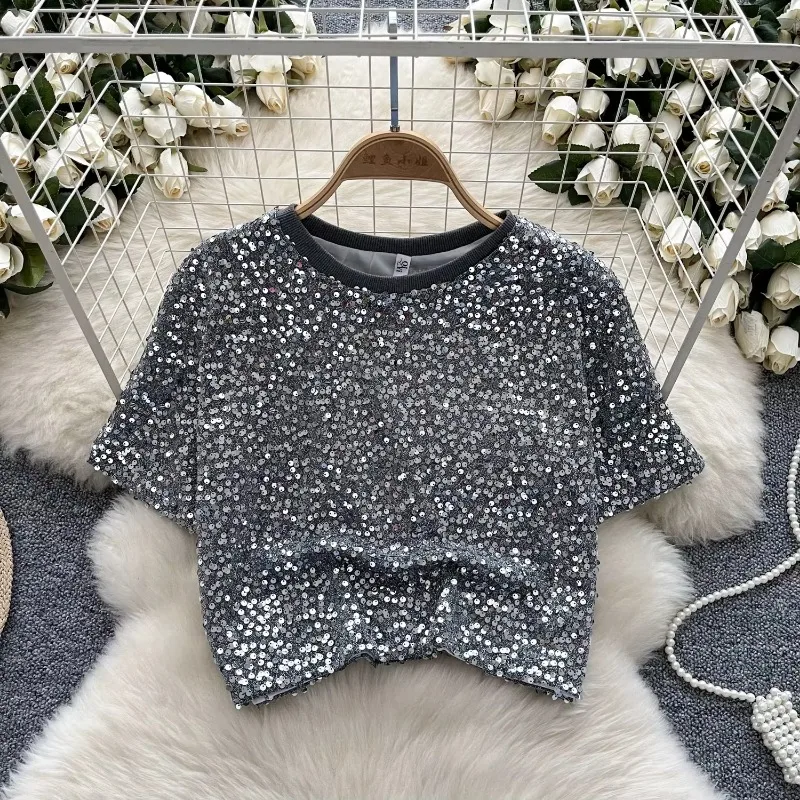 Vintage Glitter Sequin Short Sleeve O Neck Short T-shirt Slim Elegant Fashion Office Lady Crop Top Sexy Spring Autumn Women Top