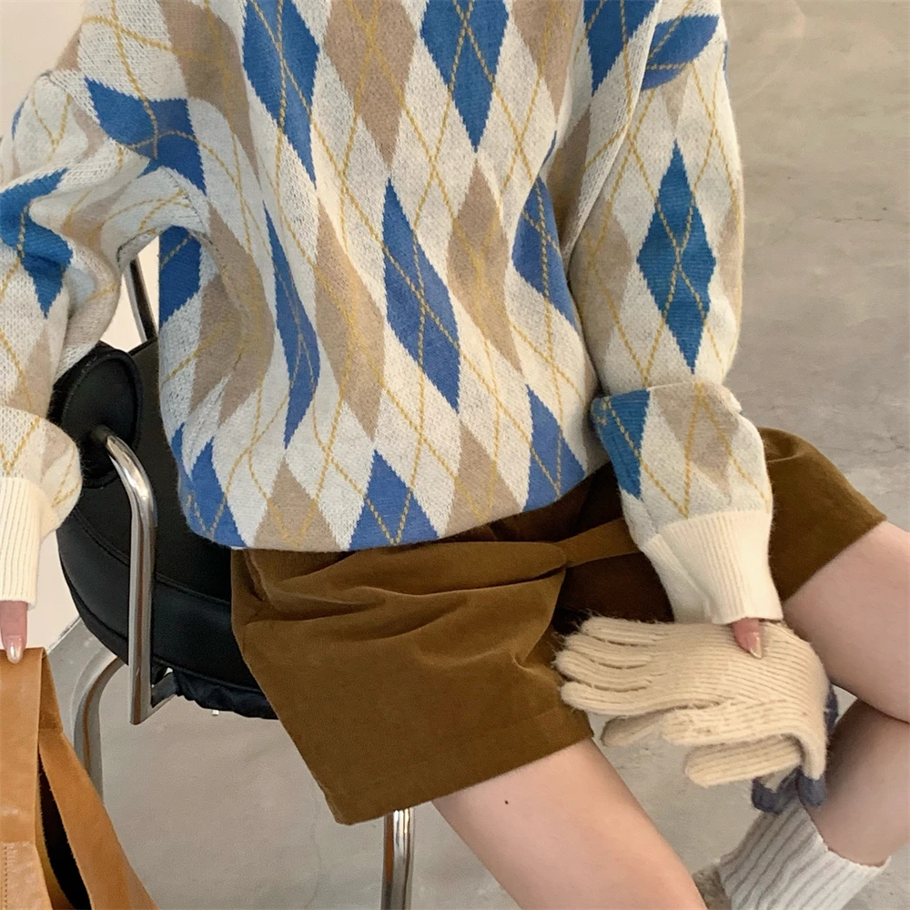 

Базовый вязаный свитер Long Sve round Ne, двухслойный вязаный свитер в стиле ретро с монетами и ромбовидным узором, милая осенняя одежда