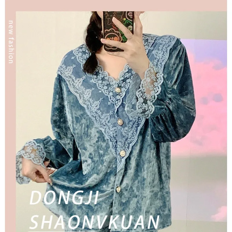 Женская пижама с V-образным вырезом, кружевной пижамный комплект с вышивкой и длинным рукавом, Элегантные корейские золотистые бархатные пижамы Home Fury, весна-осень