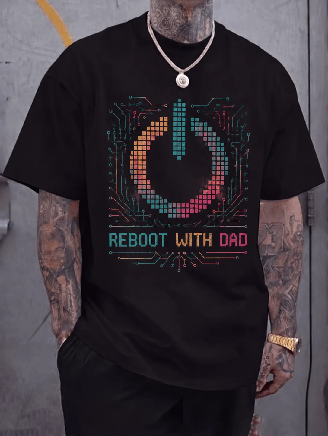 

Men Graphic t Shirt Short Sleeve Classic Fit Tech Power Button Pixel Circuit Print Vintage Retro Gamer Dad Tee Streetwear