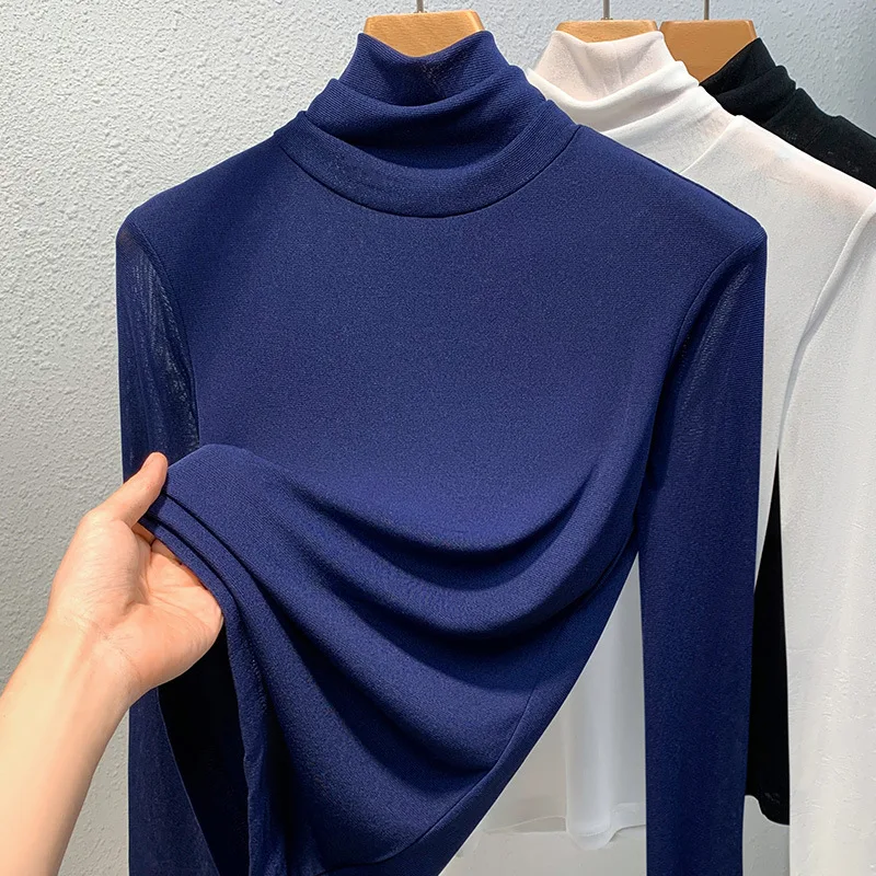 Stacked Turtleneck Mesh Base Shirt Women Thickened Warm Elegant Charming Girls Shirt Fitted Stretch Waist Ladies Everyday Top