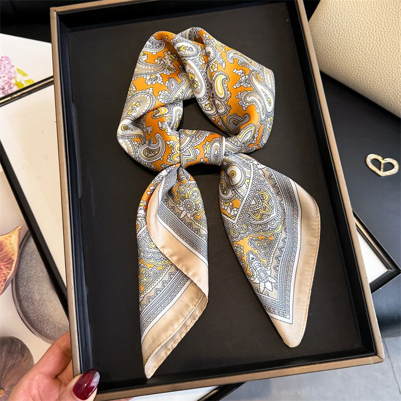 

Silk Scarf Women's Hijab Square Shawl Wraps Bandana Headband Neckerchief Foulards Femme Handkerchief Luxury Print Ribbon
