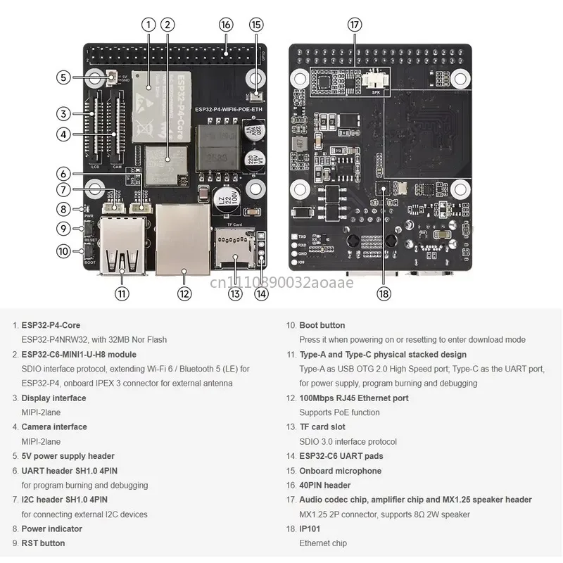 ESP32-P4-WIFI6-POE-ETH Development Board Featuring ESP32-P4/ESP32-C6 chip Wi-Fi 6/Bluetooth 5 Integrated PoE module