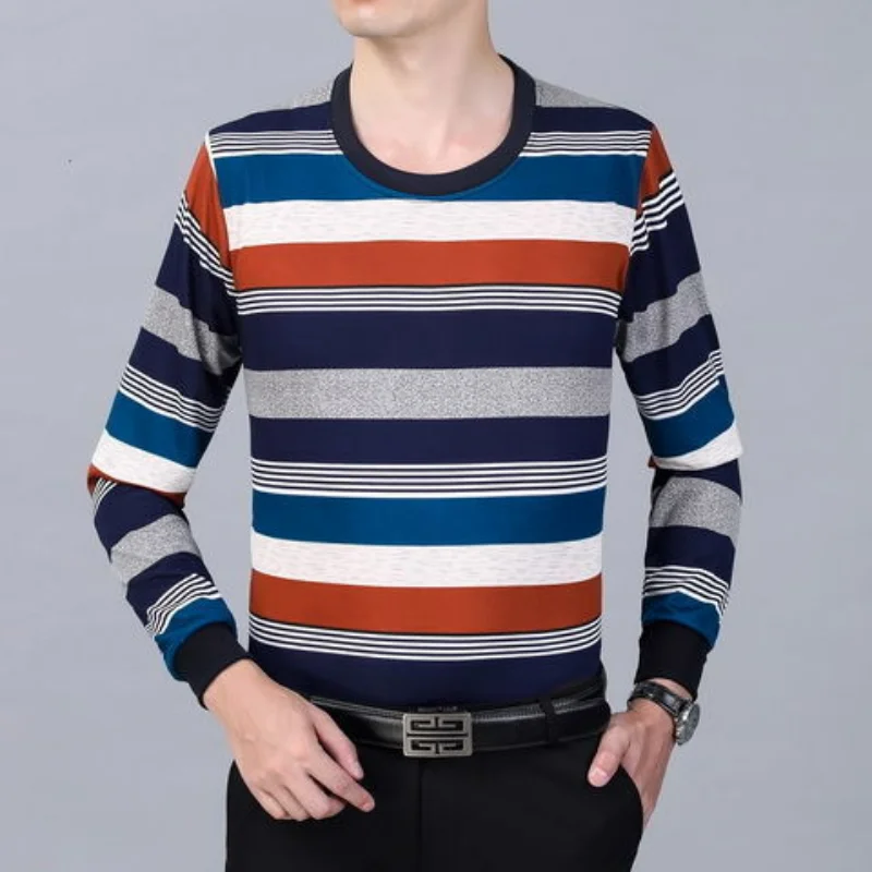 Korean Fashion Men Bottoming Striped T-shirt Spring Autumn New Male Clothes Round Neck Loose Casual Long Sleeve Pullover Tops