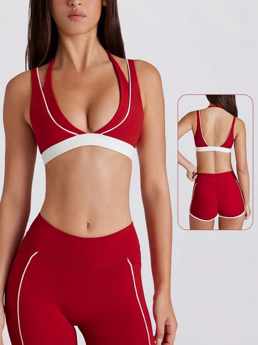 

Женский костюм для йоги, искусственный двухсекционный цветной бюстгальтер с лямкой на шее и v-образным вырезом, шорты с карманами для бега, фитнеса, леггинсы, спортивный комплект из 2 предметов