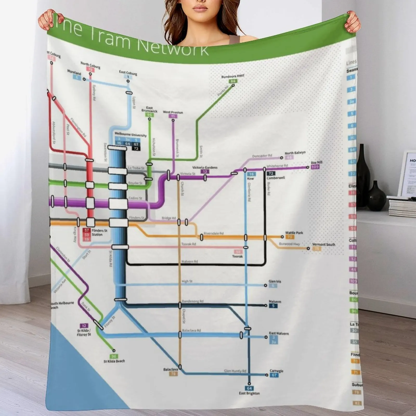 Melbourne Tram Network Map Throw Blanket