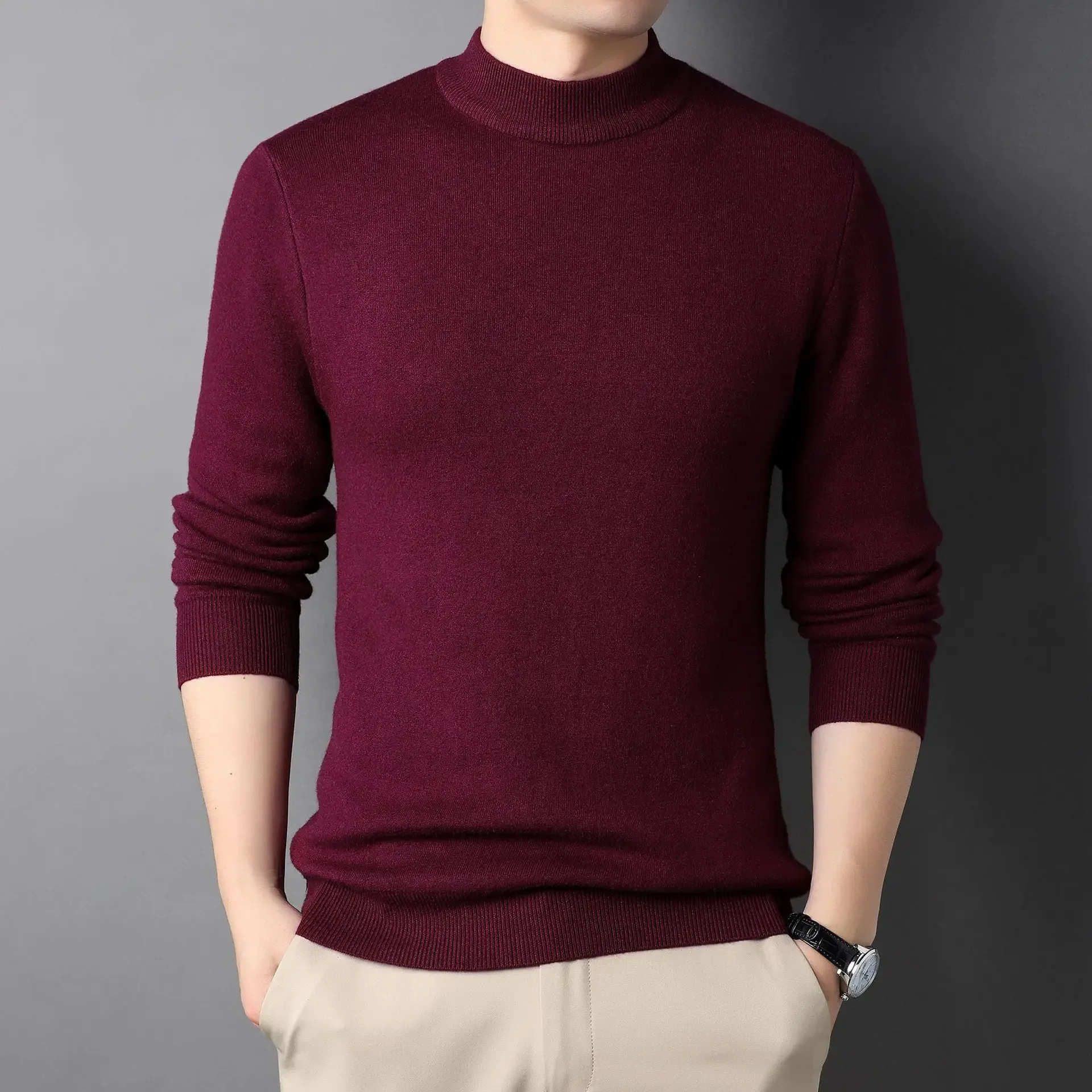 Men's New Style Semi-turtleneck Fine Pure Color Knitted Sweater for Autumn and Winter, Fashionable and Casual for Young People