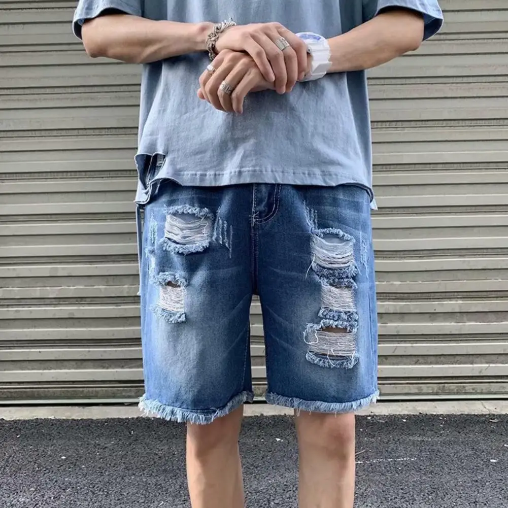 

Men Denim Shorts Men's Ripped Denim Shorts Stylish Streetwear with Wide Leg Tassel Details Washable Fabric Summer Pants