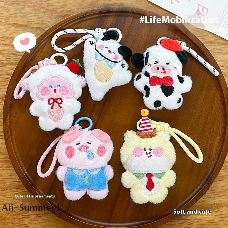 【E】Fofo dos desenhos animados de pelúcia animais do zodíaco chaveiro pingente fone de ouvido saco de armazenamento bolsa de moedas mochila mini pequena boneca decoração