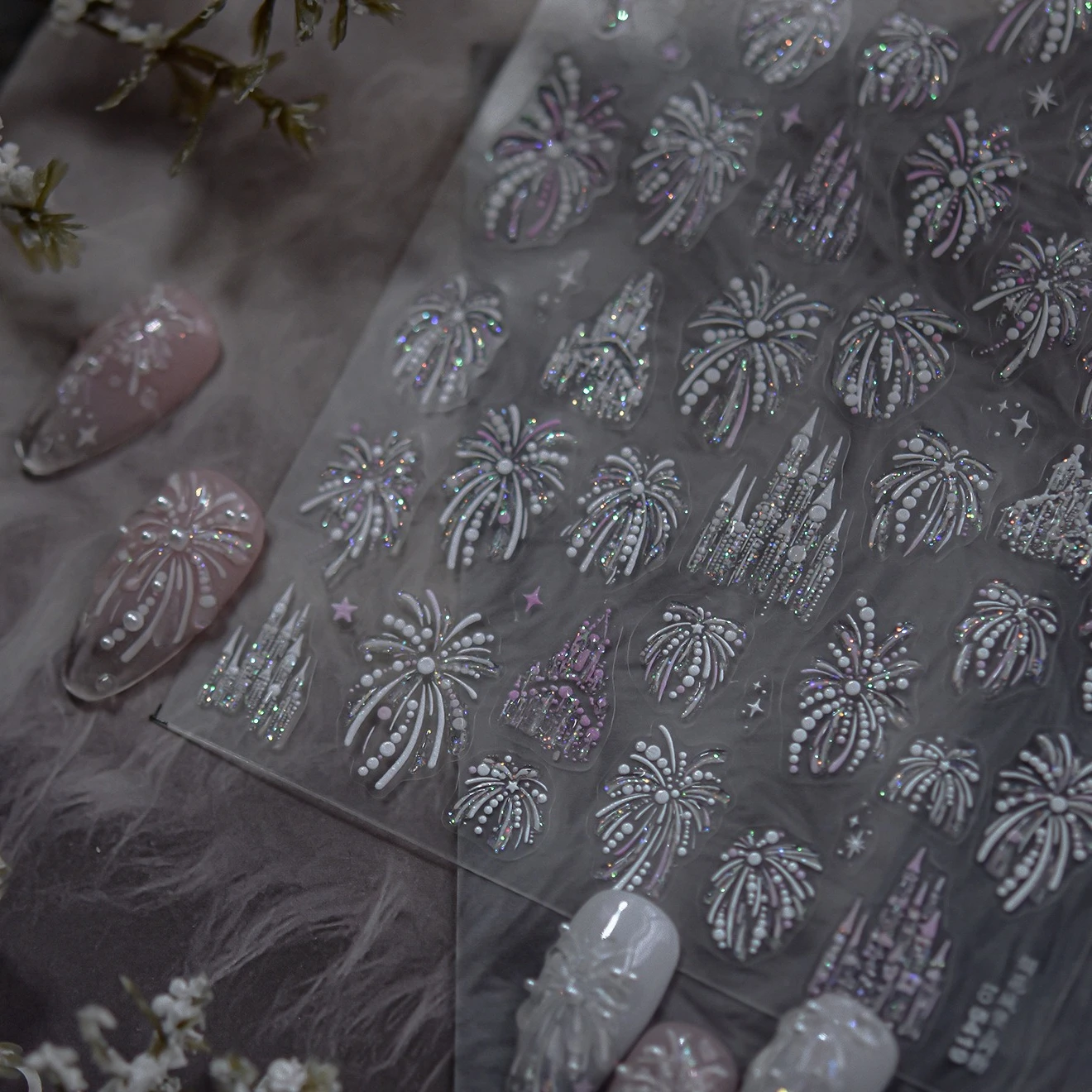 الألعاب النارية الملونة جميلة المبهرة القلعة الذهب الأحمر الوردي لامعة صاروخ الألعاب النارية لتقوم بها بنفسك لاصق مسمار الفن ملصقات مانيكير الشارات