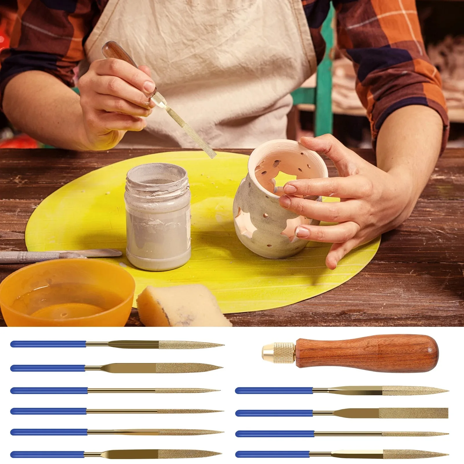 

11Pcs Gold-colored Titanium-plated Diamond File Set with Rosewood Wooden Handles Manual Grinding Tool for Wood Metal Plastics