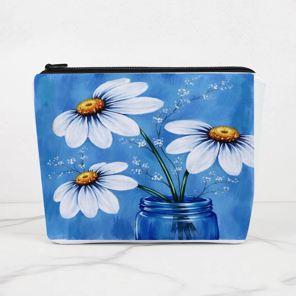 Blue Sky Daisy Vase Pattern Makeup Bags for Girls Cosmetic Pouch Toiletry Bag Pencil Case Travel Storage