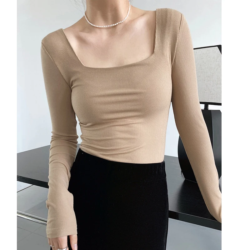 2024 New Women Spring Sexy Square Neck Long Sleeve Slim T Shirts Women Sexy Fashion Tees Tops For Women Clothes