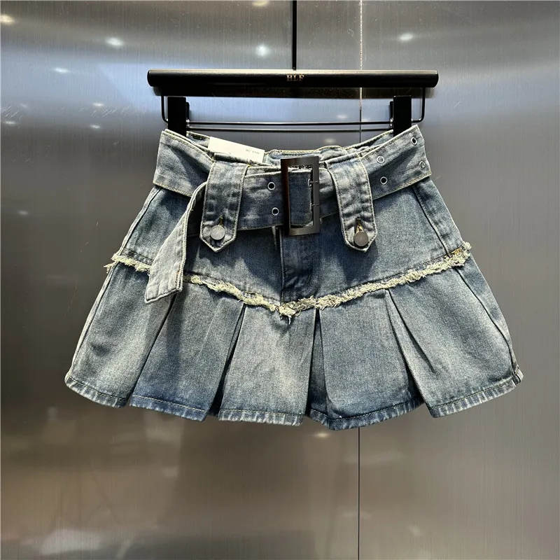 

High Waist A-Line Denim Pleated Skirt Sexy Trendy Girls Commute Cotton Washed Fabric Korean Style New Summer Collection
