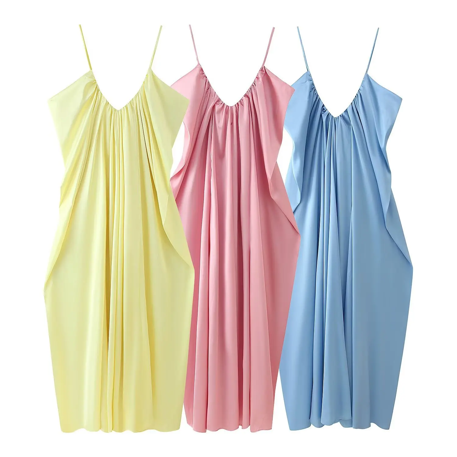 Chic V-neck Sling Backless Sleeveless Robes Elegant Women Solid Color Satin Pleated Long Dress New Fashion Party Club Dresses