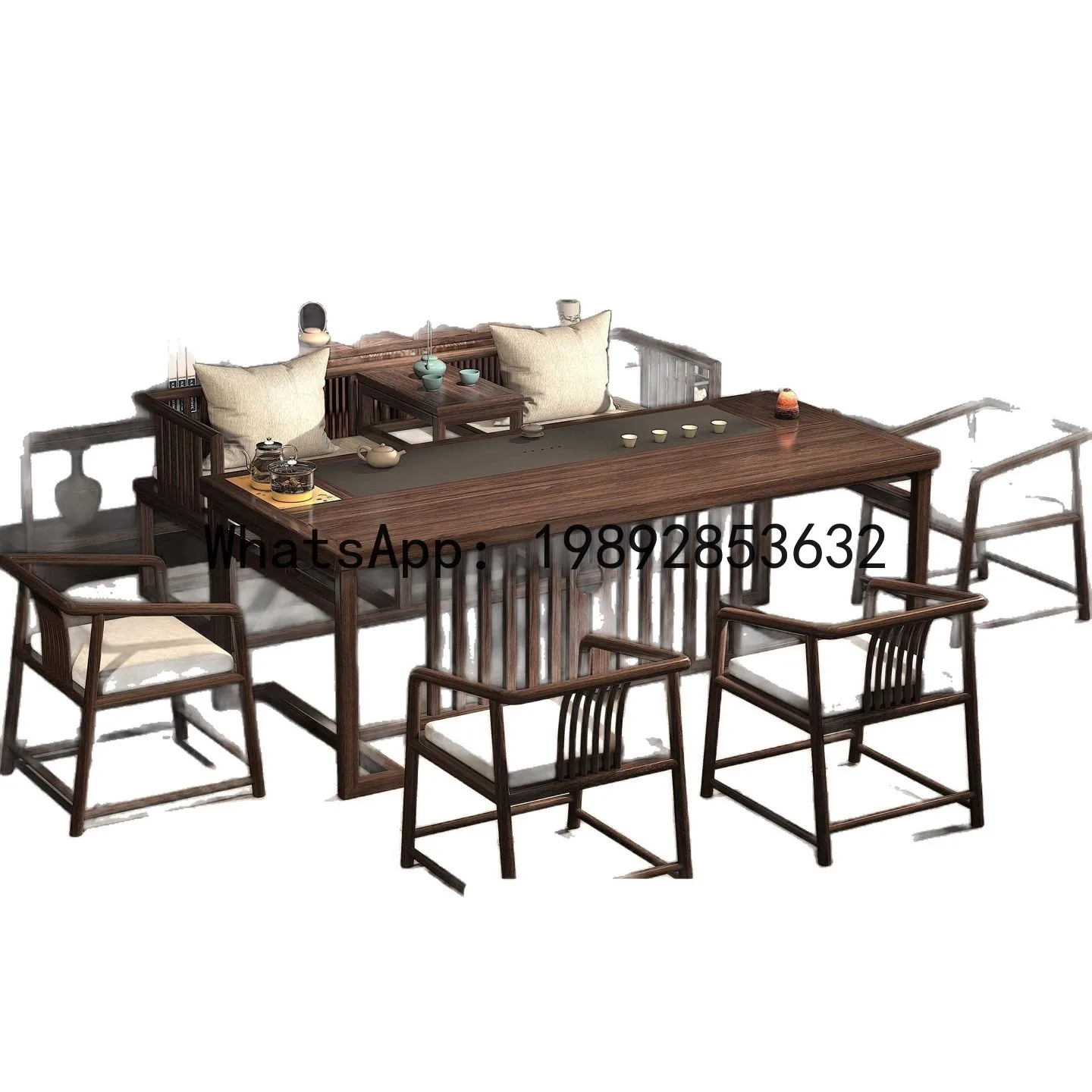 CZ  Chinese Style Black Gold Tea Table and Chair Set One Table Five Chairs Office Tea Set Integrated Home Solid Wood Tea Table