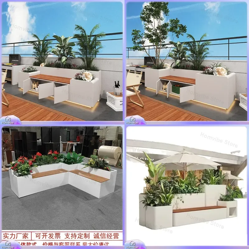 Outdoor Flower Box Bench Stainless Steel Wrought Iron Planter Seat Rectangular Garden Balcony Fence Partition Indoor