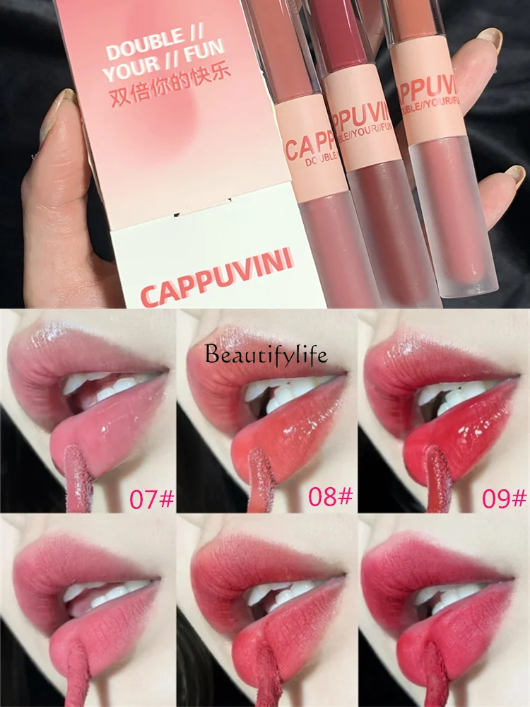 Double-Headed Lip Lacquer Mirror, Water Light Gray Powder, Lip Mud Pseudo Plain Face, Electro Pink Light Makeup