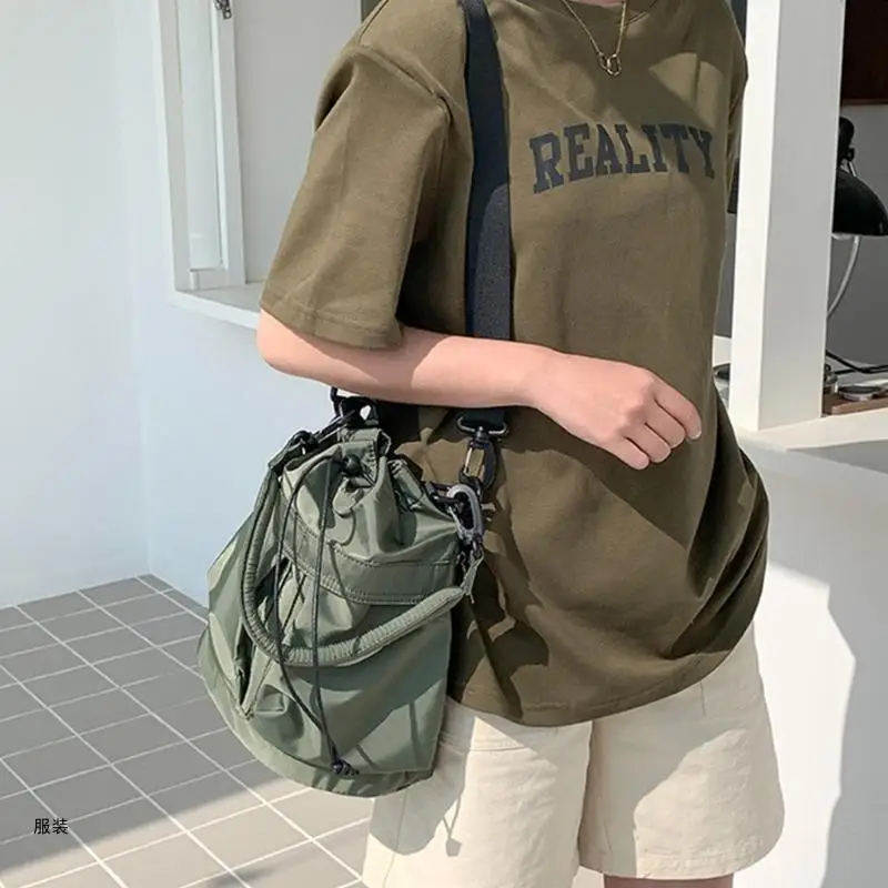 D0UD Women Bucket Shaped Bag Crossbody Bag Shoulder Bags Nylon Drawstring Pleated Bag