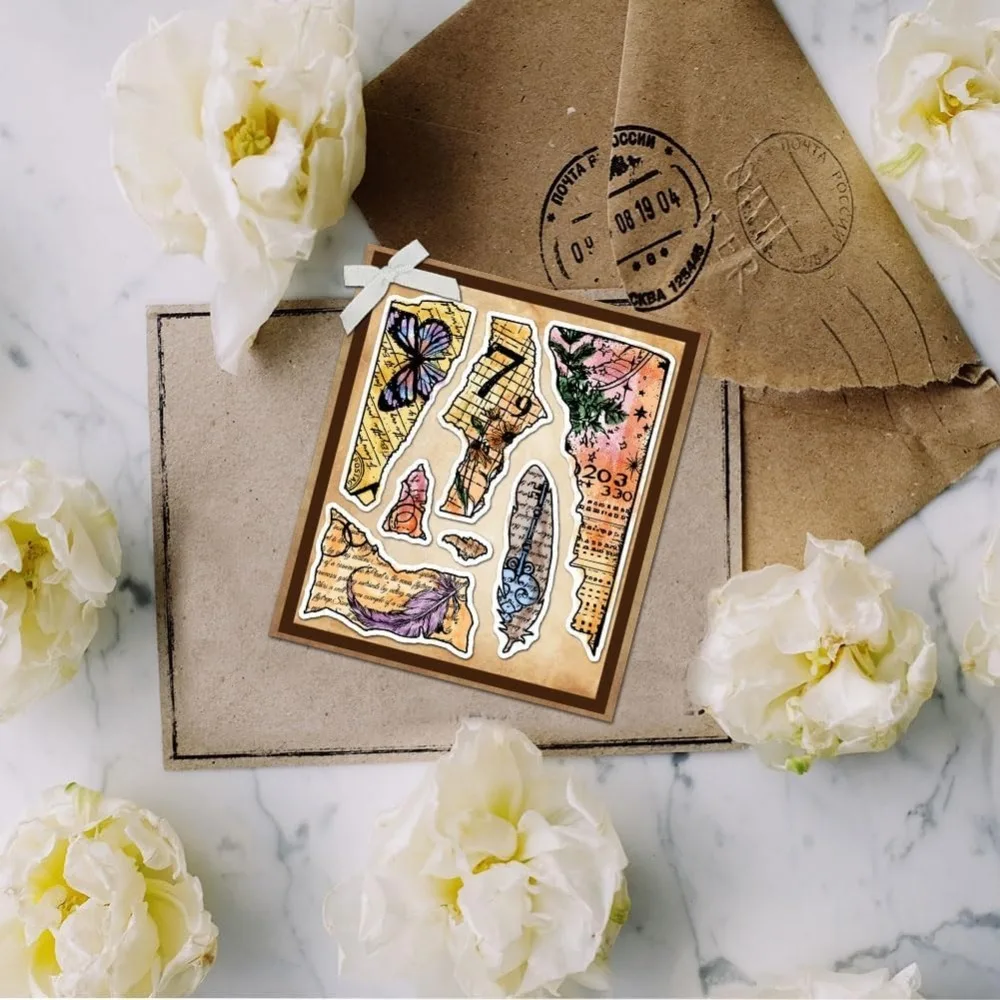 Torn Paper Background Clear Stamps Vintage Ticket Plants Silicone Clear Stamp Seals Transparent Stamps for DIY Scrapbooking