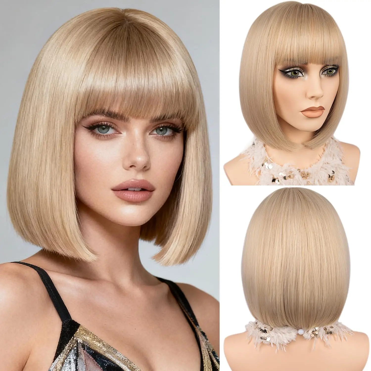 12in Blonde Straight Layered Bob Wig with Bangs for Women | Beginner Friendly Synthetic Hair Wig Golden Glueless Natural