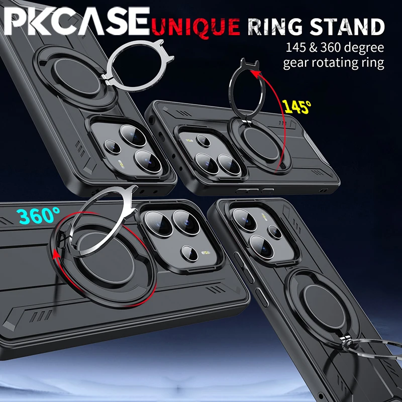 PKCASE 360° °   Metall Ring Halterung Magnetische Telefon Fall Für Redmi Hinweis 14S 14 13 Pro Plus 4G 5G stoßfest Rüstung Abdeckung Für Redmi A5