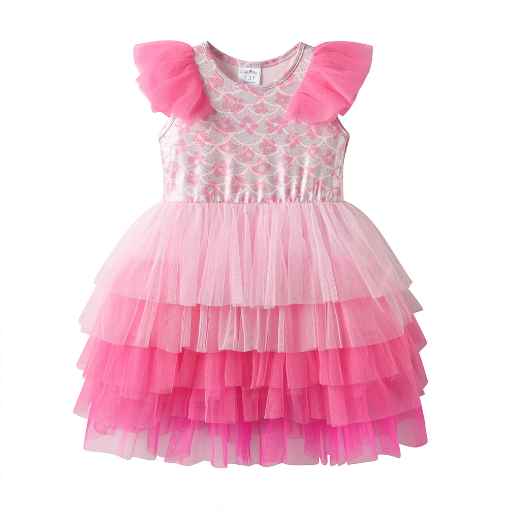 DXTON Ärmelloses Baby-Mädchenkleid, Netzstoff, gerüscht, Sommer-Partykleid für Kinder, Kleidung, Farbverlauf, mehrlagiges Netz-Prinzessinnen-Tüllkleid – Detail 4