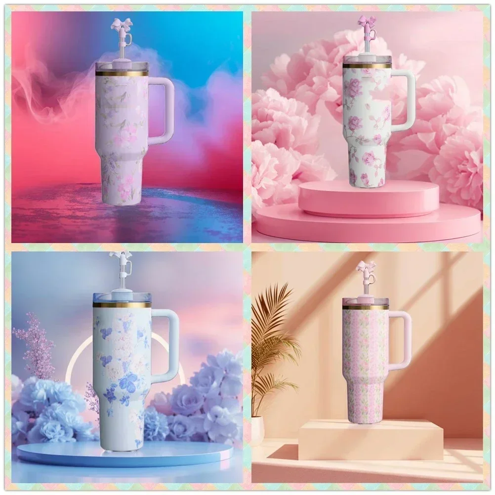 Hot Sale Engraved Floral Tumbler Mug 40oz Premium Stainless Steel Tumbler with Silicone Handle Vacuum Travel Home and Outdoors