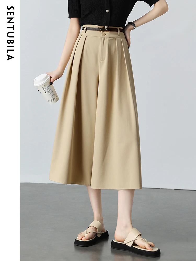 SENTUBILA Elegant Khaki Skirt Pants for Women 2024 Summer Fashion Casual Elastic Waist Loose Side Split Wide Leg Pleated Pant