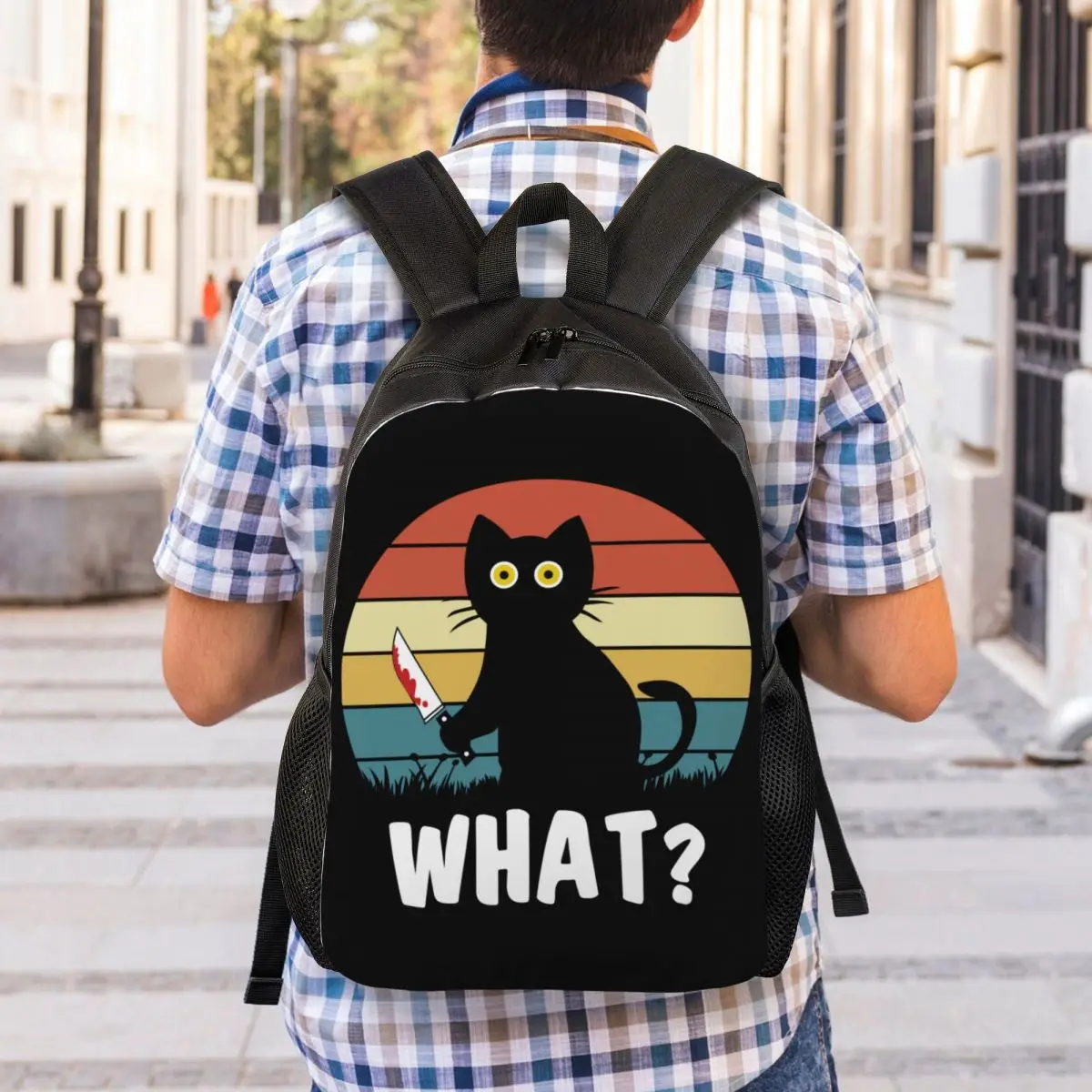 Mochila gato preto para homens e mulheres, impermeável, escola universitária, engraçado, gato assassino segurando faca, saco de Halloween, saco de impressão