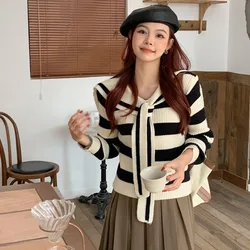 Black And White Striped Fashionable Simple Tie Tops Sweet And Casual College Style Knitted Long Sleeved Tops