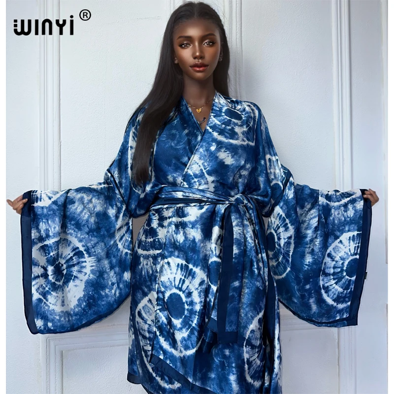 WINYI-quimono estampado com cinto para mulheres, vestido africano boho, moda praia, casaco elegante, roupas sexy de férias, cobertura