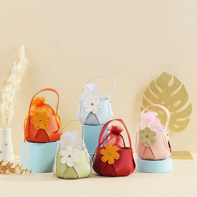 1PCS Creative Small Flower Leather Hand-Held Candy Basket Bag Holiday Wedding Exquisite Cute Small Gift Box With Yarn Bag