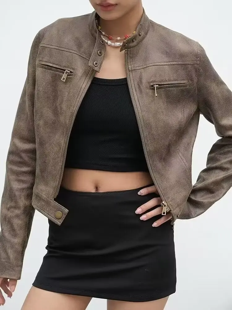 2023 nuove donne autunno inverno Retro Bomber lavato giacche in ecopelle Lady Vintage Short Slim Black PU Motor Biker Zipper Coats