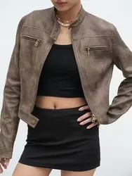 Blouson en similicuir PU femme, rétro, streetwear, vintage, court, slim, marron, motard, avec fermeture éclair, nouvelle collection automne hiver 2023