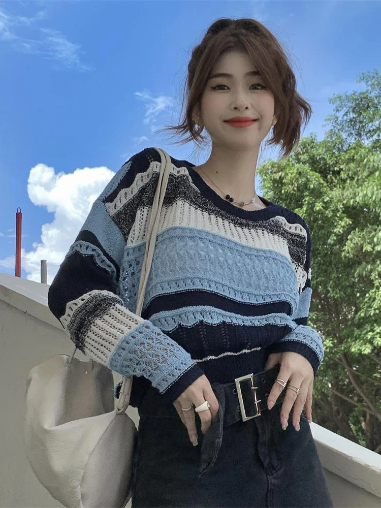 Zoki Hollow Out Sexy Women Knitted Sweater Striped Sweet Loose Pullovers Korean Fashion Long Sleeve O Neck Casual Jumpers Autumn